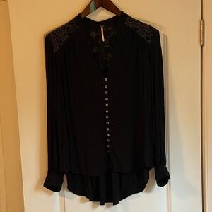 Free People Black Embroidered Detail Romantic Blouse